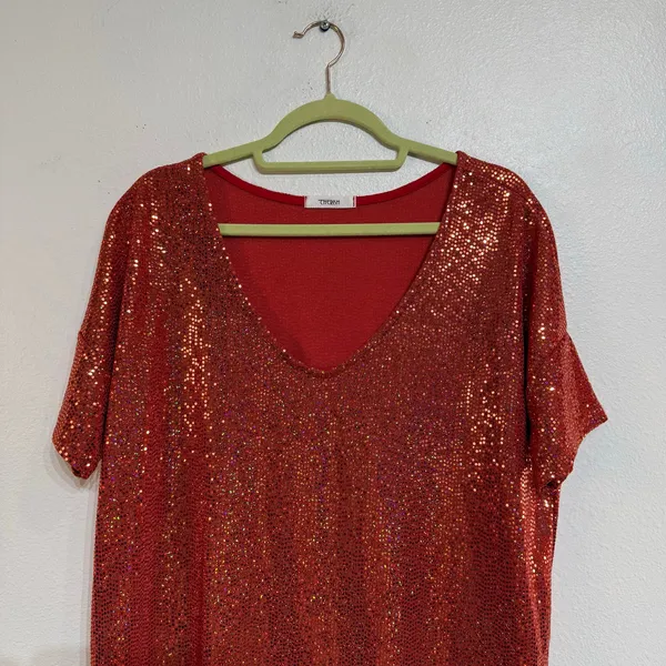 Cherish Red Sequin Mini Dress Short Sleeve Sparkle Shift Dress Sz L - Image 3
