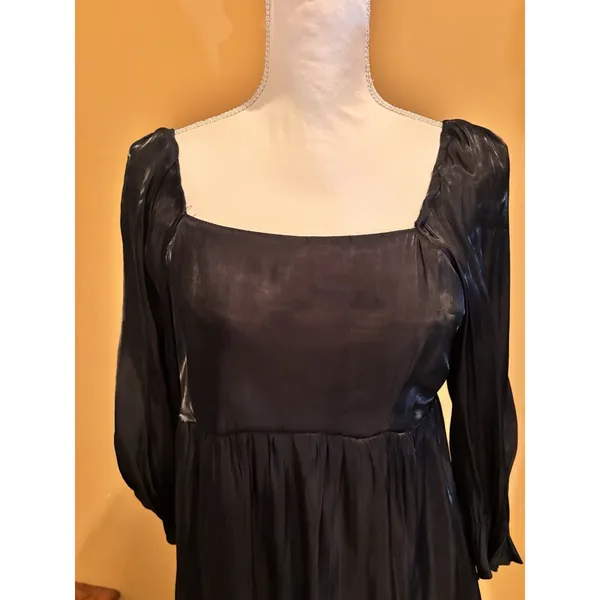Baltic Born Black Satin Mini Dress L Square Neck‎ Puff Sleeve Empire Waist Party - Image 3