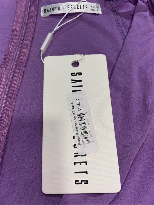 Saints + Secrets Purple Paradise Plunge Ruched Bodycon Mini Dress Large NWT - Image 5