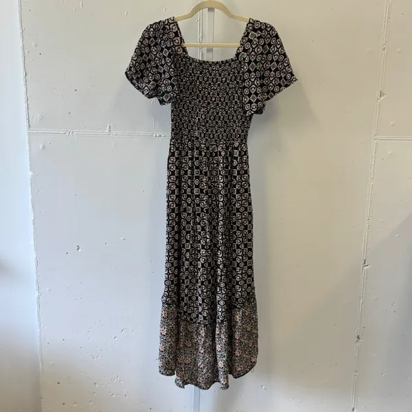 Angie Boho Floral Smocked High Low Midi Dress Black Pink Small Cottagecore - Image 2