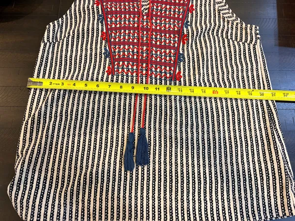 THML Women’s Large Boho Embroidered Sleeveless Tunic Top Navy Red Tassel - Image 7