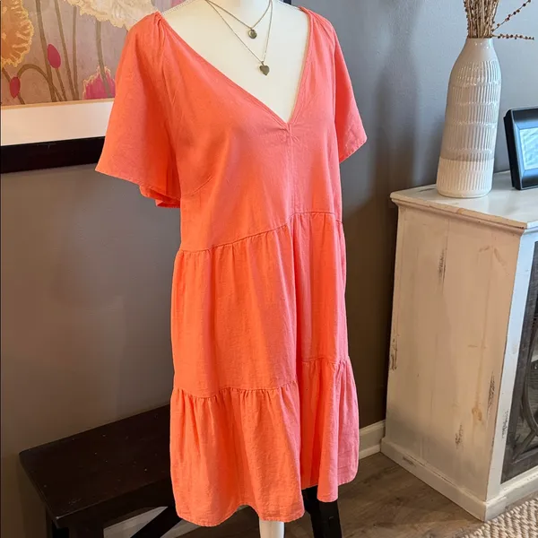 UNIVERSAL THREADS Coral Linen Blend V-Neck Boho Peasant Tiered Midi Dress XXL - Image 5