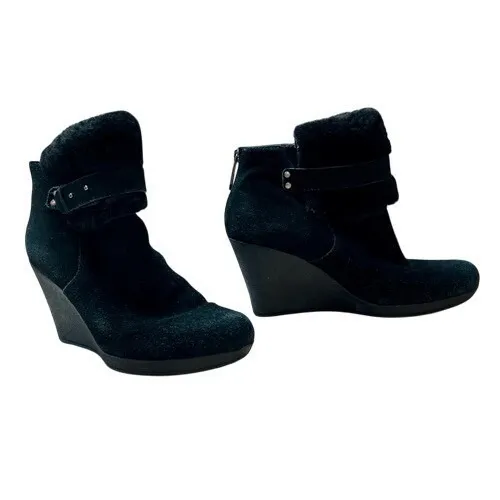 UGG Antonia Black Suede Fur Cuffed Wedge Boot Bootie 9 Quiet Luxury Casual Chic‎ - Image 3