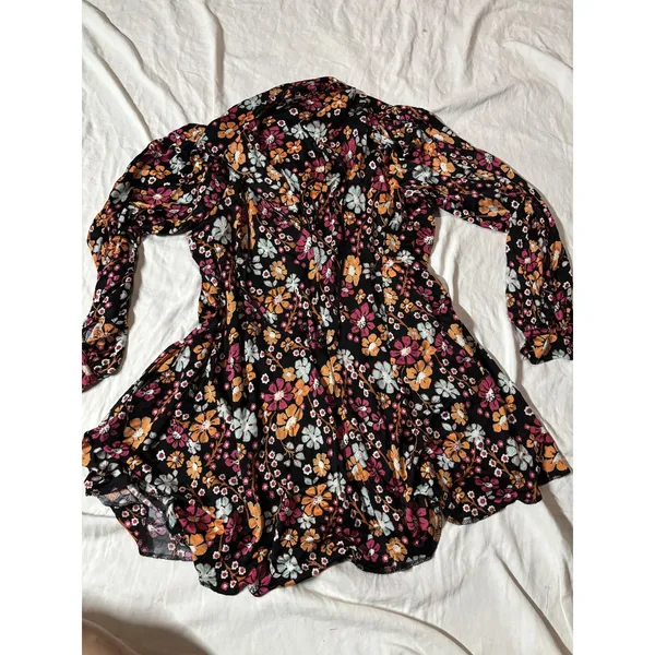 Free People Black Floral Boho Mini Dress Size Small Long Sleeve Tie Neck - Image 4