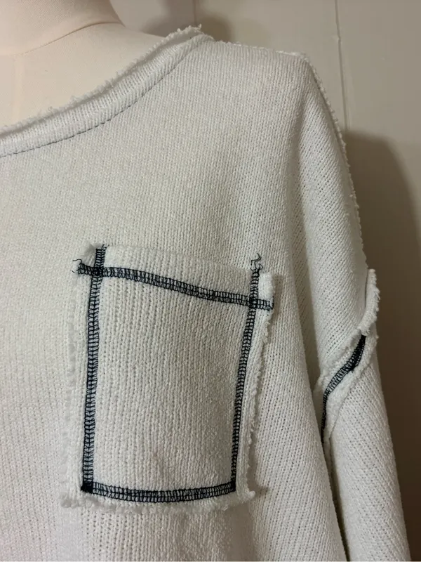 POL Cropped Oversized Sweater Top White Contrast Stitch Raw Hem Size L - Image 4