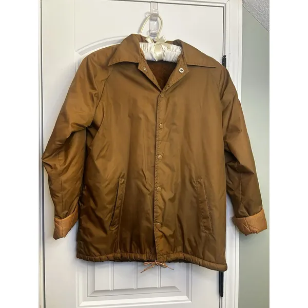 Vintage Camel Brown Faux Fur Lined Coat Jacket Snap Front Unisex Size L-XL Warm - Image 2