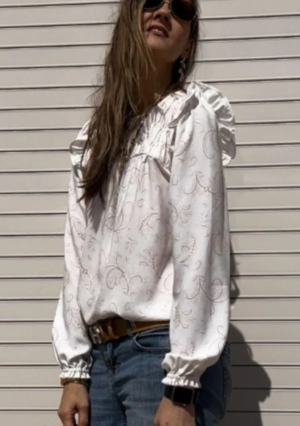LOFT Ivory Paisley Ruffle Shoulder Top Sz XS NWT - Image 2