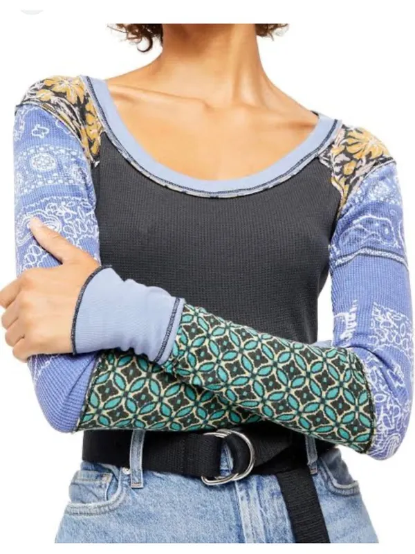 We The Free People Bright Side Patchwork Thermal Top Small Bandana Boho Blue - Image 2