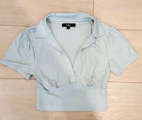 Lulu's Lookin' Flirty Sage Green Ribbed Collared Short Sleeve Crop Top - Image 4