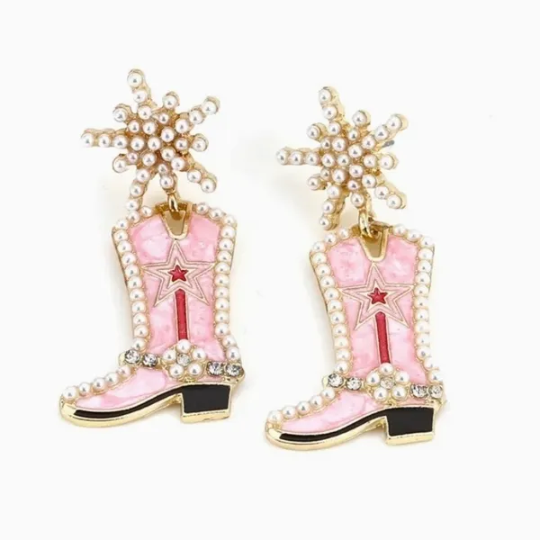 NEW Pink Cowgirl Boots Pearl Embellished Rhinestone‎ Western Bling Glam Earrings - Image 3