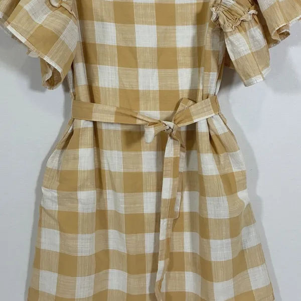 Who What Wear Womens M Mustard Yellow Gingham Cotton Ruffle Sleeve Mini Dress - Image 9