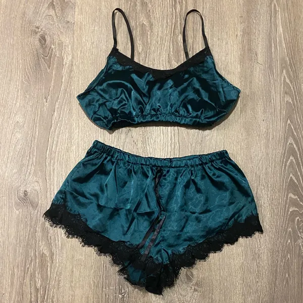 Emerald Satin Lace Pajama Set | Cami Crop Top & Boyshorts Small - Image 2