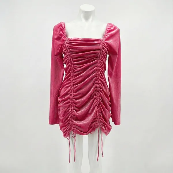 Target Wild Fable Pink Velvet Ruched Long Sleeve Square Neck Bodycon Mini Dress Size Xl - Image 9