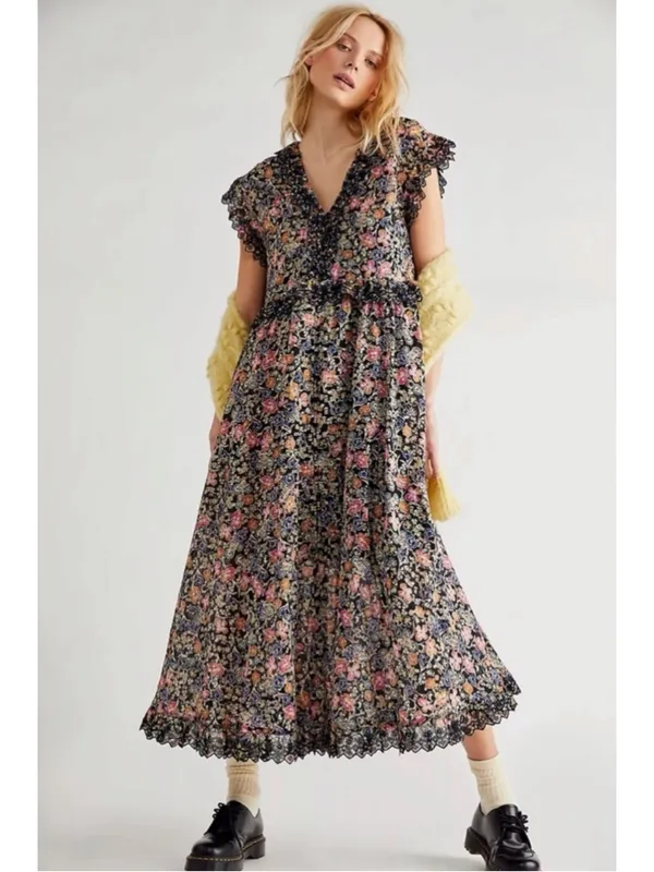 Free people Bohemian Floral Milania Maxi Dress Dark Combo Maxi Top Duster Small - Image 6