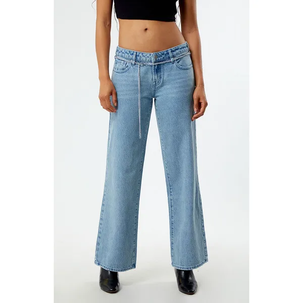 Pacsun Pacsun Low Rise Wide Leg Jeans Light Wash Silver Chain Belt Size 24 Baggy - Image 4