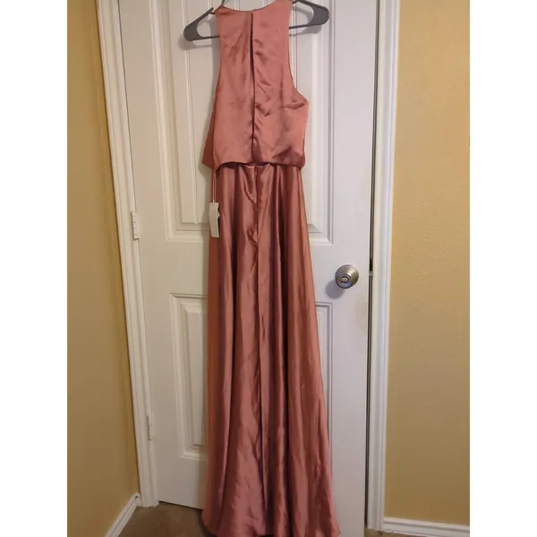 Revelry Wren Satin Fitted High Neck A-line Bridesmaid Dress 6 Desert Rose - Image 8