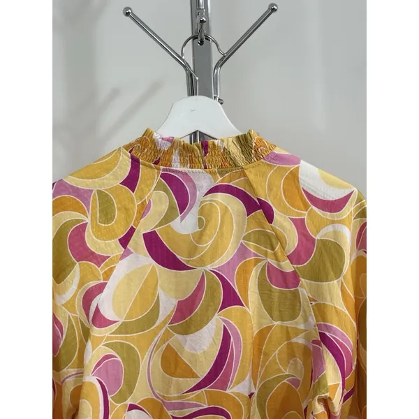 THML Women’s Yellow Pink Abstract Swirl Puff Sleeve V-Neck Blouse Top Size M - Image 6