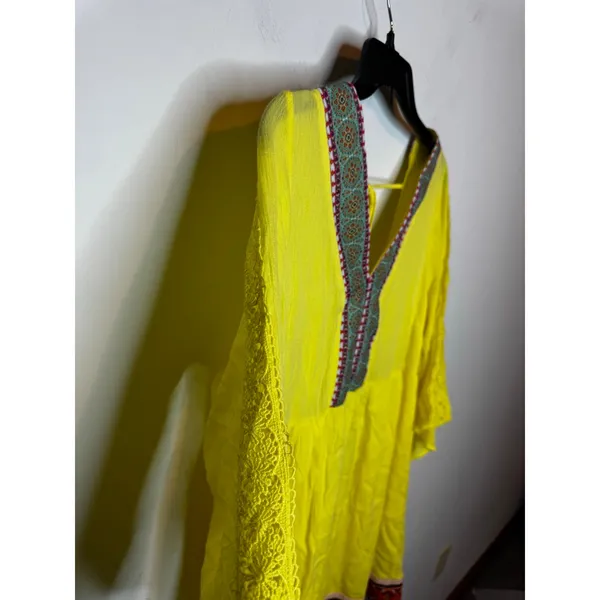 White Mark Yellow Embroidered Tunic Dress L Boho Kimono Sleeve Beach Coverup - Image 6