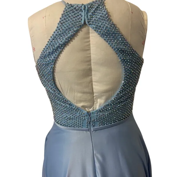 La Femme Light Blue Beaded High Neck Cut Out Satin A-Line Formal Prom Dress 4 - Image 2