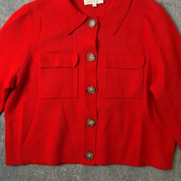Sezane Betty Cardigan Merino Wool Knit Sweater Womens‎ M Red Button Preppy Crop - Image 6