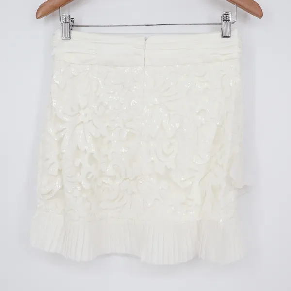 Naked Wardrobe White Sequin Floral Mini Skirt Pleated Ruffle M - Image 6
