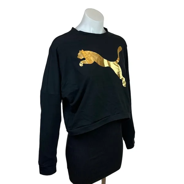 Puma Women's Black Gold Metallic Logo Cozy Pullover Sweater Sweatshirt Top S - Image 3