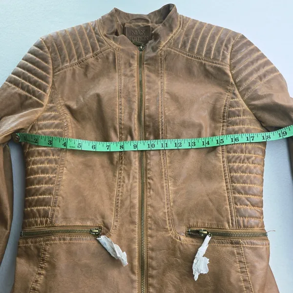 Max Edition‎ NWOT Womens Brown Faux Leather Quilted Moto Jacket Size Medium - Image 7