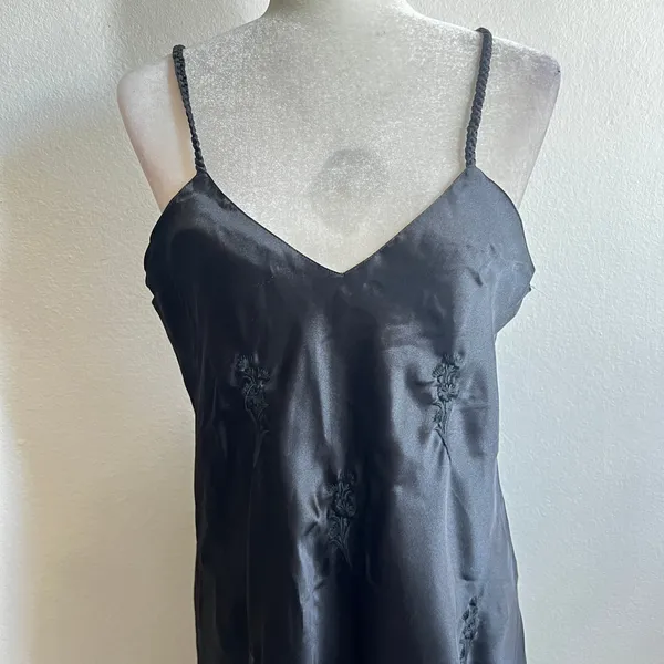 Vintage Erika Taylor Intimates Black Satin Nightgown Large Floral Slip Dress 90s - Image 2