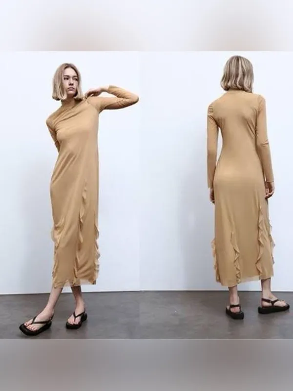 NWOT Zara Brown Mesh‎ Ruffle Maxi Dress Small Sheer Layered Cocktail Dress - Image 2