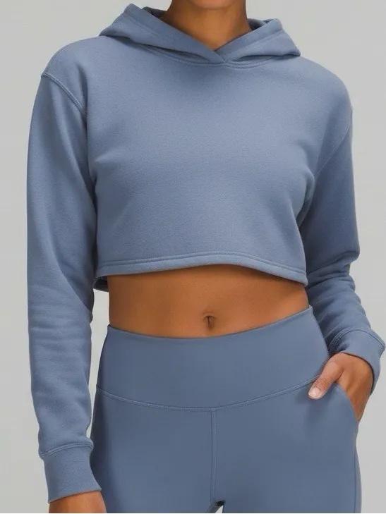 Lululemon All Yours Cropped Hoodie Blue Hooded Sweatshirt Terry Crop Fitted Sz 4 - Image 2