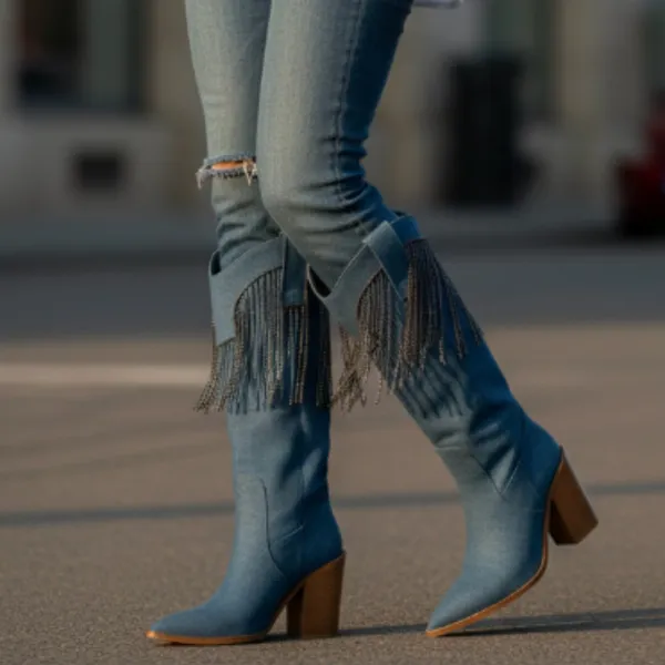 NEW Venus Cowgirl Embellished Fringe Blue Denim Boot SZ-9 Y2k Festive - Image 6