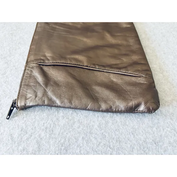 Vintage Leather Clutch Metallic Brown Zip Purse 80s Minimalist Bag Retro - Image 5