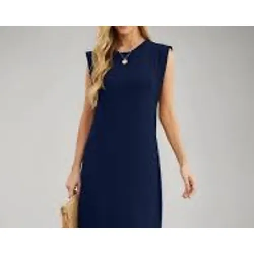 GRECERELLE Navy Blue Sleeveless Maxi Dress Side Slit Crew Neck Small - Image 2