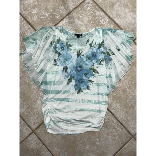 Express Blue Floral Top with Sheer Butterfly Sleeves – Women's Size Small - Image 5