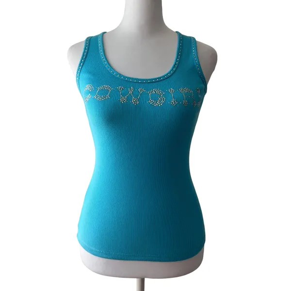 Vintage ‘00s Playgirlz Aqua Blue Rhinestone Cowgirl Stretchy Ribbed Tank Top - Image 2