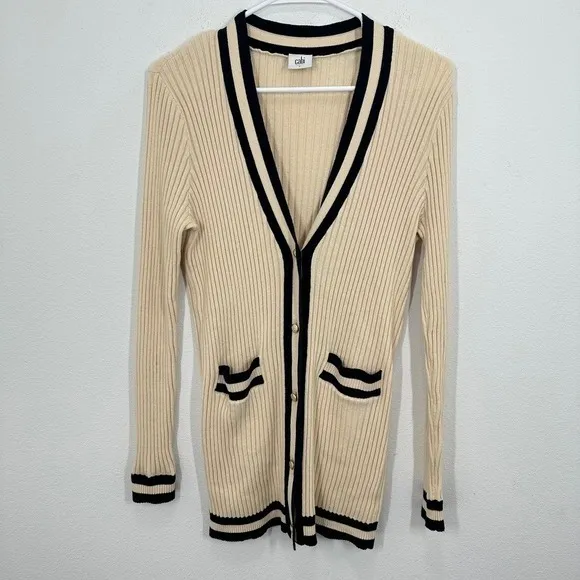 Cabi Size Small Cardigan Cream Navy Ribbed Knit Academia‎ Career Preppy Coastal - Image 2