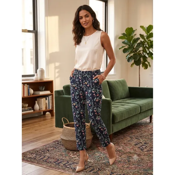 LOFT‎ Ankle Pants Women 2 Navy Blue Julie Floral Vine Print Stretch Trousers - Image 2