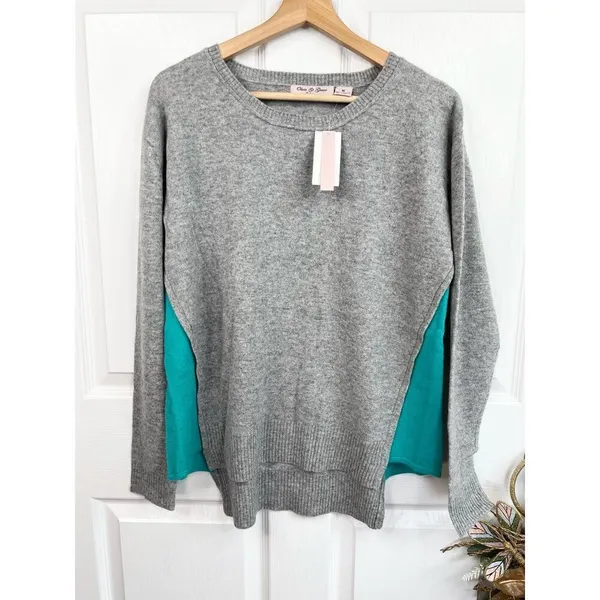 Olivia & Grace 100% Cashmere Sweater Size M Grey Turquoise Crewneck Soft Knit - Image 11