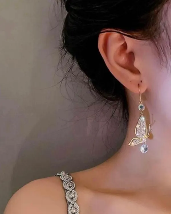 Women's Crystal Butterfly Drop Dangle Earrings Gold - Image 3