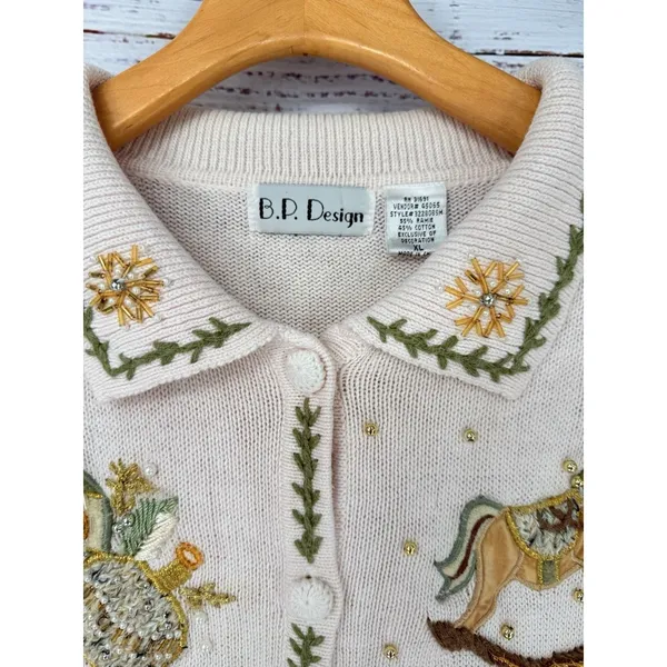 Vintage Ugly Christmas Sweater Women's‎ XL Pink Winter Holiday Beaded Cardigan - Image 5