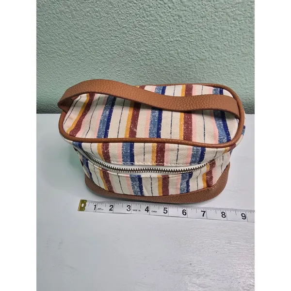 Striped Makeup Cosmetic Zipper with Handle‎ Beads Bag Brown - Image 5