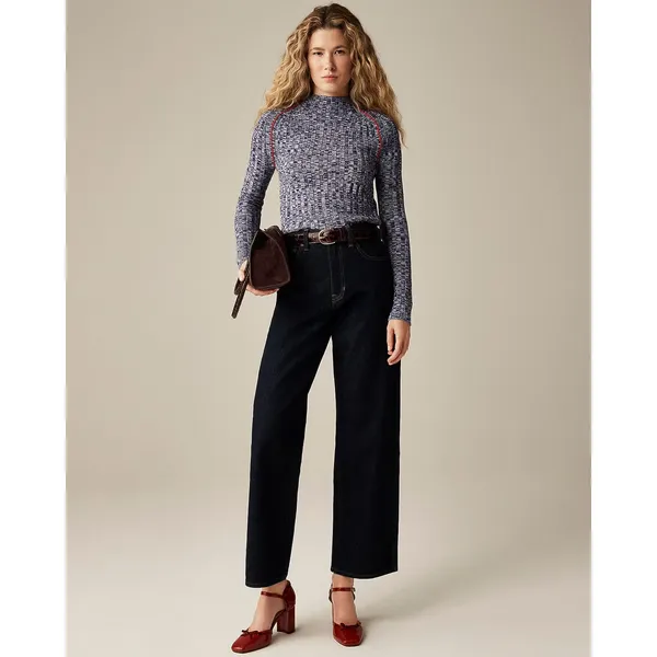 J.Crew Womens‎ XL Blue Marled 100% Merino Wool Wide Rib Mockneck Sweater Raglan - Image 2