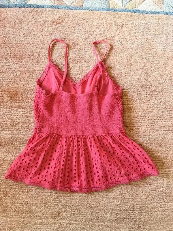Japna Red Cotton Eyelet Lace Peplum Tank Top Adjustable Straps Size S - Image 2