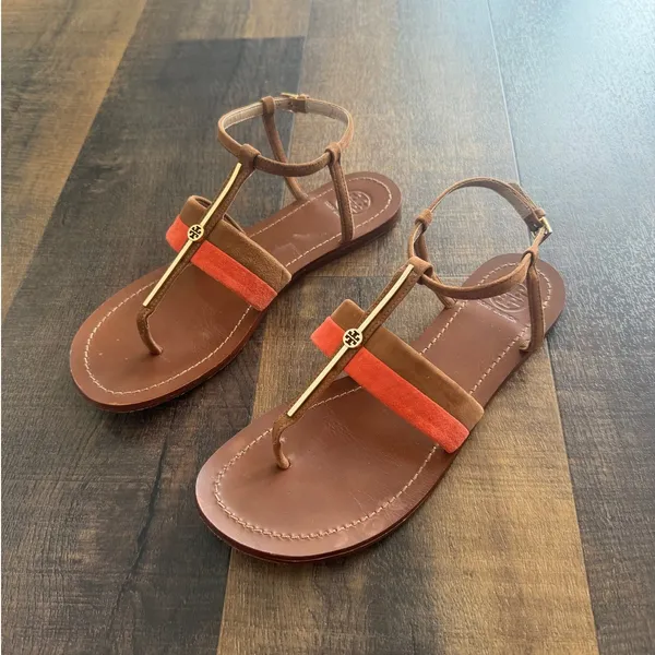 Tory Burch Logo T Strap Sandals Brown Coral Leather Flat Sandal Size 9 - Image 3