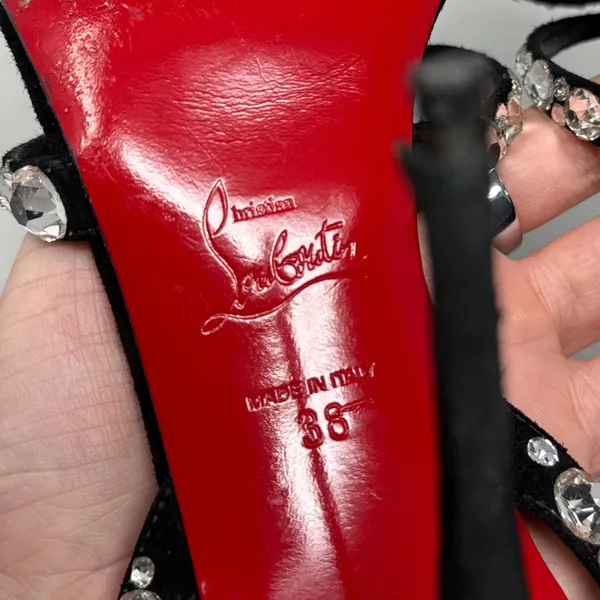 Christian Louboutin Emilie Strass 100 Embellished Strappy Sandal Heels Black 38 - Image 13