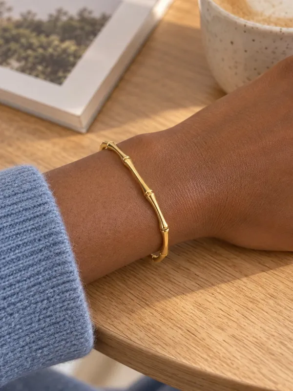 Gold Bamboo Open Cuff Bracelet Minimalist Stackable Bangle NWT - Image 4