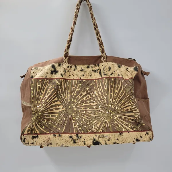Paul Breut Travel Weekender Duffle Bag Large Brown Canvas Sequin Palm Tree Print - Image 4