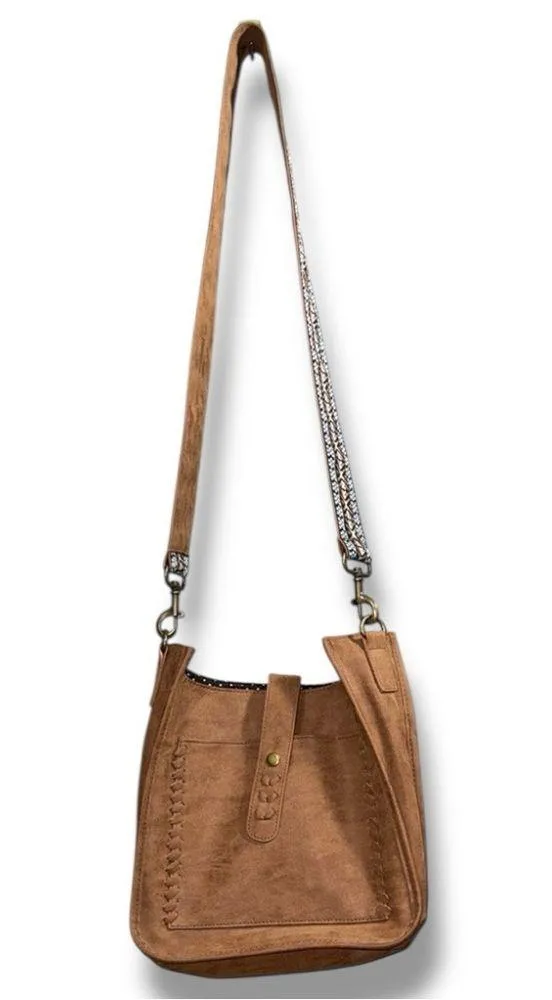 Crossbody purse with removable strap snap closure pocket brown black interior - Image 2