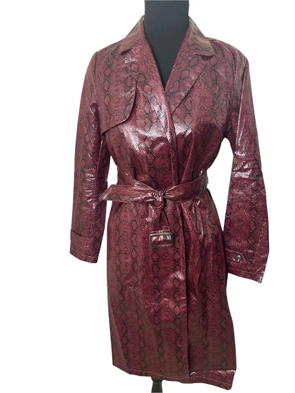 Maximalist Nasty Gal Burgundy Faux Snakeskin Belted Trench Coat - Image 2