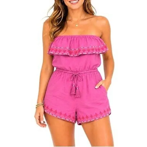 Vineyard Vines Pink Linen Blend Embroidered Strapless Ruffle Romper XXS - Image 3